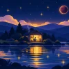 夜の静かな湖のほとりの小屋で、窓の灯りのなかの人がノートに向かっている。空には赤紫の冥王星が浮かんでいるイラスト
