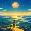 夜明けの広い丘で、ひとりの人が道のはじまりに立ち、地平線へ向かって歩き出そうとしている。空には横縞の入った木星と4つの衛星が輝いているイラスト
