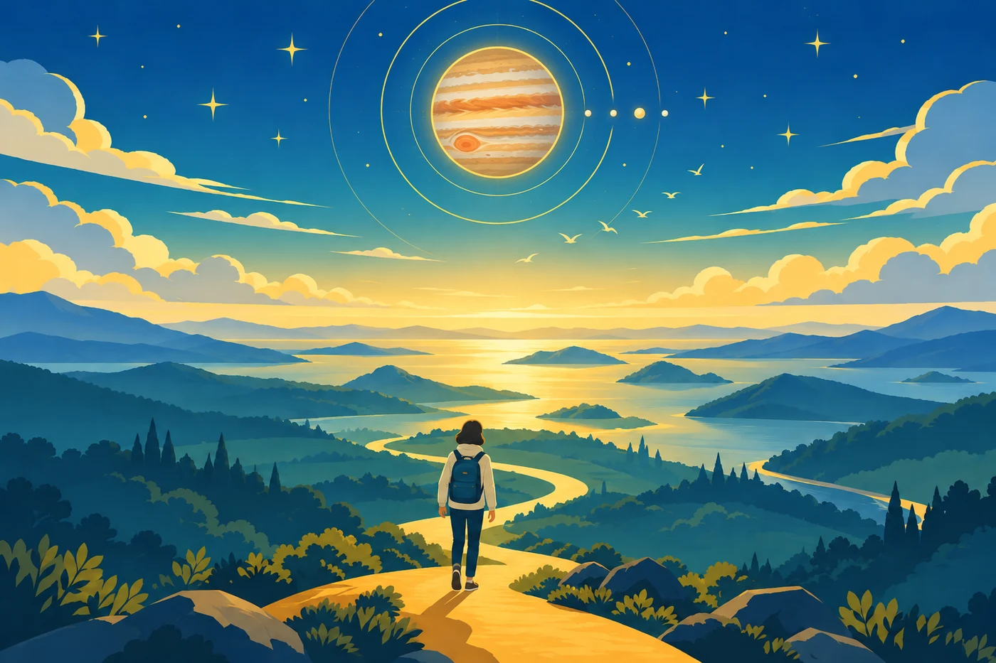 夜明けの広い丘で、ひとりの人が道のはじまりに立ち、地平線へ向かって歩き出そうとしている。空には横縞の入った木星と4つの衛星が輝いているイラスト
