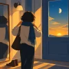 1ハウスの月のアイキャッチ。日の出の朝、玄関の姿見の前で襟元を整える人。窓の外に朝日と淡い月