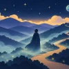 1ハウスの海王星を表すイラスト。霧のかかった丘の小道に立つ人影の輪郭が、やわらかい霧と金色の光の粒に溶けこんでいる