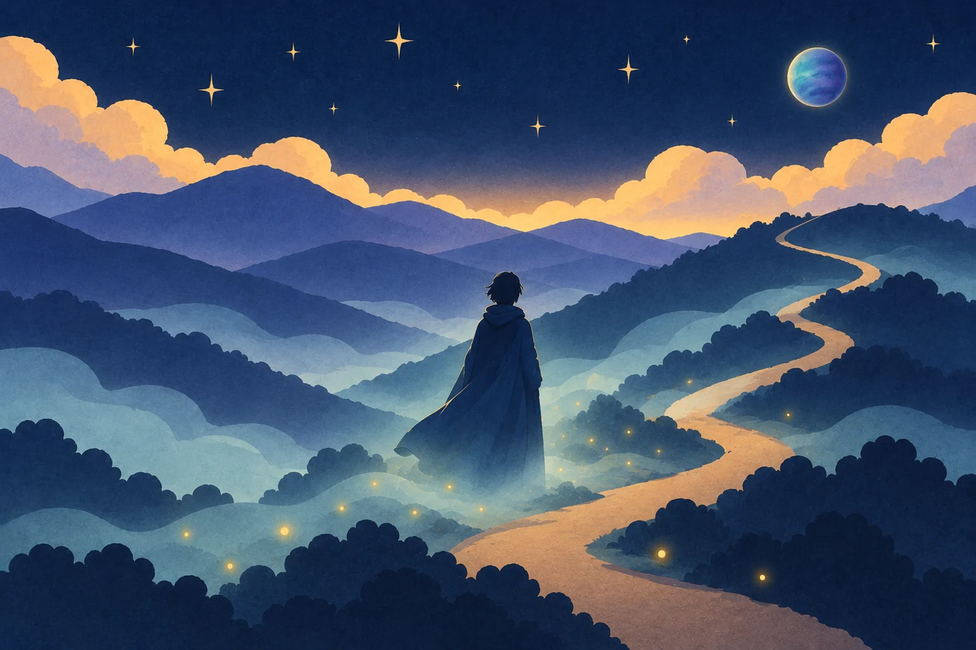 1ハウスの海王星を表すイラスト。霧のかかった丘の小道に立つ人影の輪郭が、やわらかい霧と金色の光の粒に溶けこんでいる