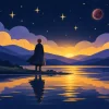 1ハウスの冥王星を表すイラスト。夜明けの湖のほとりに立つ人影が、東の地平線から昇る金色の光を見つめている
