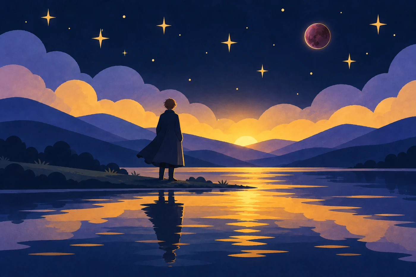 1ハウスの冥王星を表すイラスト。夜明けの湖のほとりに立つ人影が、東の地平線から昇る金色の光を見つめている