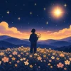 1ハウスの金星を表すイラスト。夜明けの花畑に立つ人影が、自分で選んだ小さな花束を抱え、空には、ひときわ明るい金色の金星が輝いている