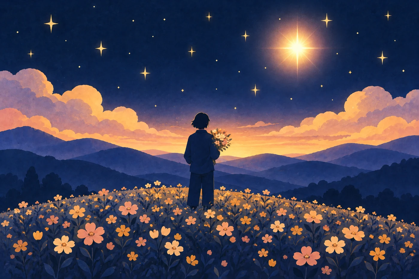 1ハウスの金星を表すイラスト。夜明けの花畑に立つ人影が、自分で選んだ小さな花束を抱え、空には、ひときわ明るい金色の金星が輝いている