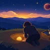 2ハウスの冥王星を表すイラスト。夜明けの丘で、人影が掘った穴の底に光る原石を見つめ、そばの木箱には本、カップ、鍵、鉢植えが入っている