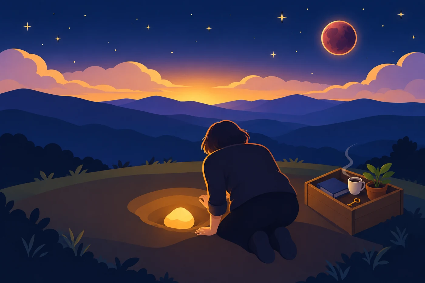 2ハウスの冥王星を表すイラスト。夜明けの丘で、人影が掘った穴の底に光る原石を見つめ、そばの木箱には本、カップ、鍵、鉢植えが入っている
