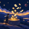3ハウスの冥王星を表すイラスト。夜の丘の井戸から金色の光が立ちのぼり、手紙とページが舞い上がっている