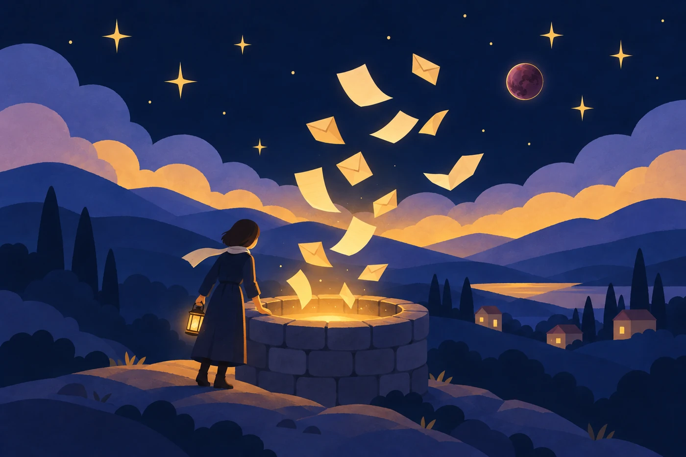 3ハウスの冥王星を表すイラスト。夜の丘の井戸から金色の光が立ちのぼり、手紙とページが舞い上がっている
