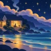 4ハウスの海王星を表すイラスト。夜の入り江の小さな家の窓辺で、人影が絵を描いている。煙突の煙が星へ溶け、空には青緑の海王星が浮かぶ