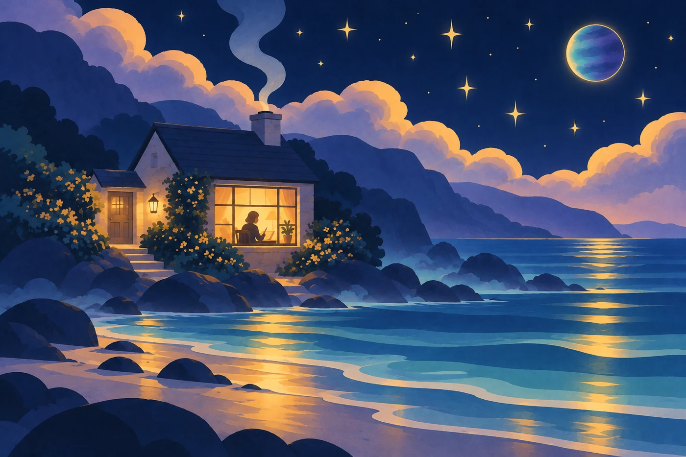 4ハウスの海王星を表すイラスト。夜の入り江の小さな家の窓辺で、人影が絵を描いている。煙突の煙が星へ溶け、空には青緑の海王星が浮かぶ