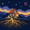 4ハウスの冥王星を表すイラスト。夜空の丘に立つ家の足元で、金色の根が広がり新しい芽が伸びている
