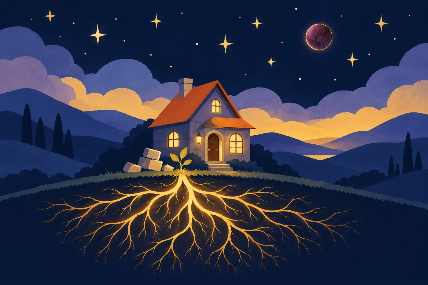 4ハウスの冥王星を表すイラスト。夜空の丘に立つ家の足元で、金色の根が広がり新しい芽が伸びている