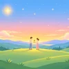 明け方の明るい丘の上で、ふたりの人がランタンの光を一緒に持ち、空には金星が輝いているイラスト