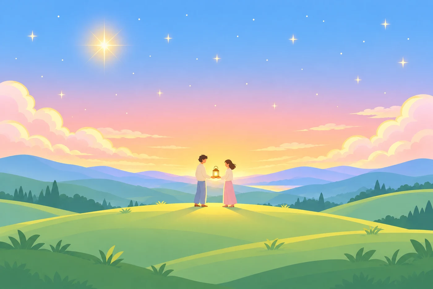 明け方の明るい丘の上で、ふたりの人がランタンの光を一緒に持ち、空には金星が輝いているイラスト