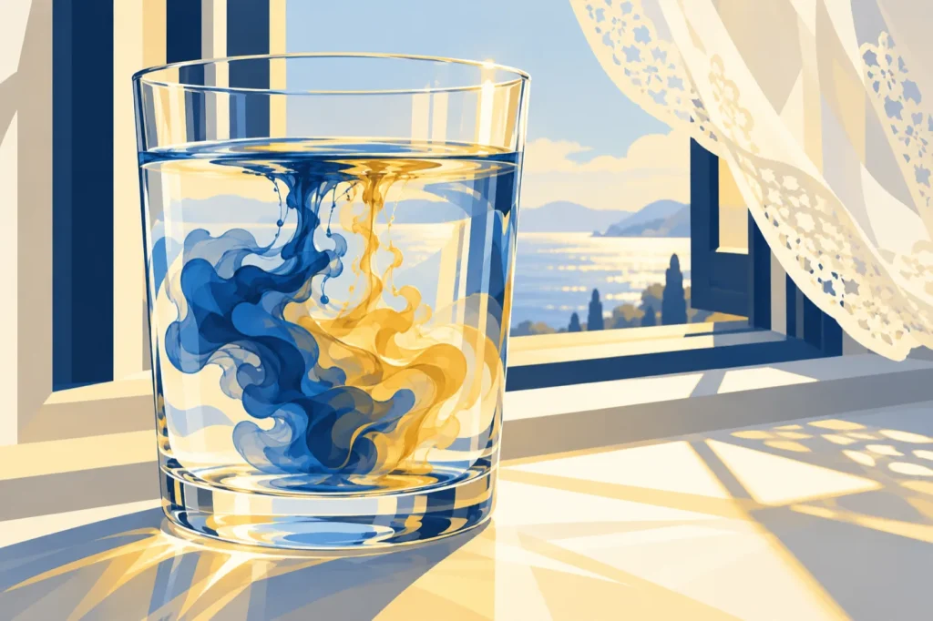 窓辺のコップの水に、青と金色の絵の具がやわらかく溶けて混ざっていく様子