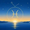 静かな湖の向こうに昇る朝日と、空に浮かぶ魚座の記号と星の並び