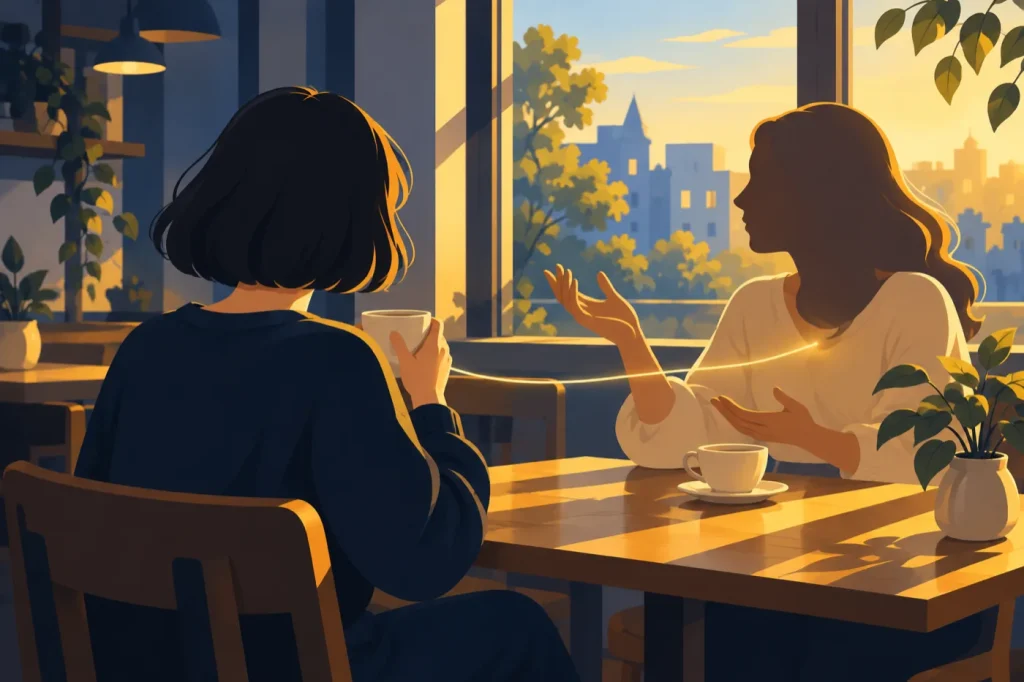 カフェで友人の話をカップを手に静かに聞く人と、二人のあいだにそっと伸びる金色の光の糸