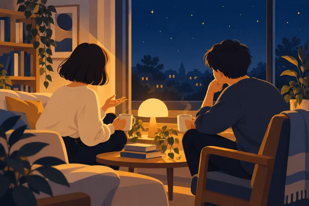 夜の部屋でランプをはさみ、マグカップを手にゆっくり話すふたり