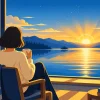 夜明けの湖から明るく昇る太陽を、窓辺で静かに見つめる人の後ろ姿と、空にうっすら浮かぶさそり座