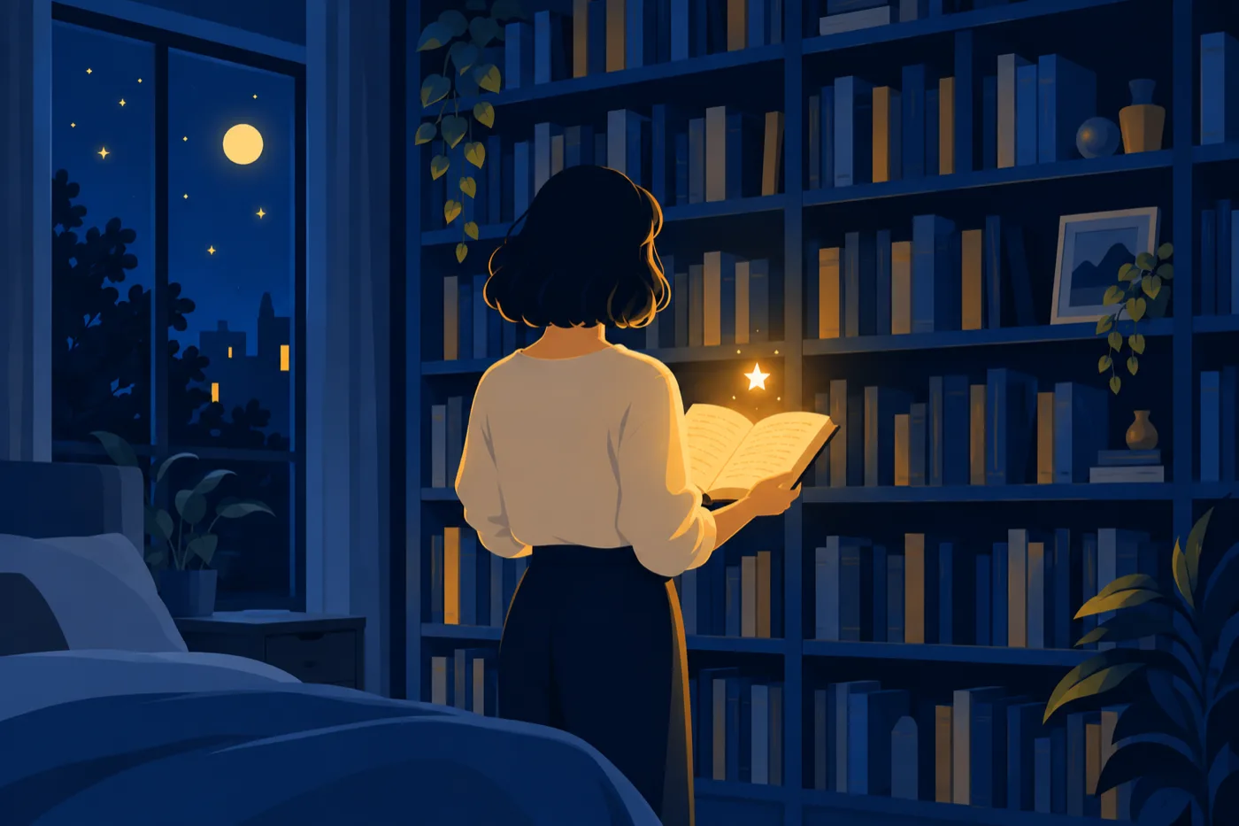 夜の本棚の前で、一冊だけを開き、ページに小さな金色の光が灯るのを見つめる人のイラスト