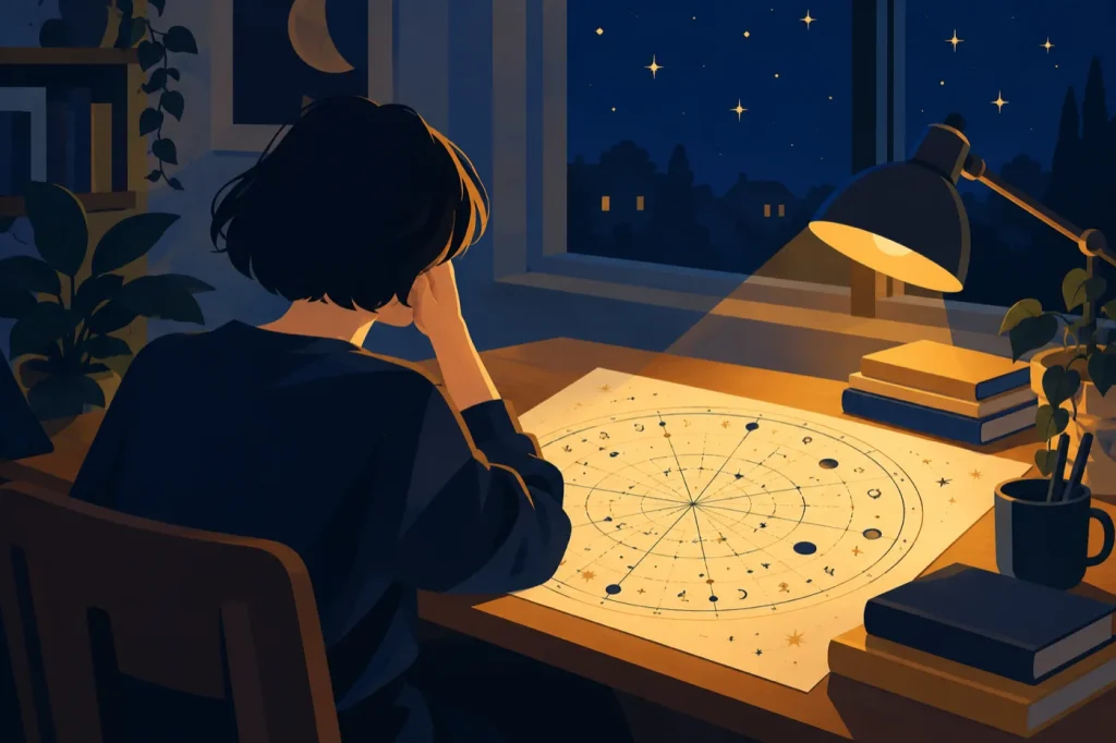 夜の机で、記号がぎっしり描かれたホロスコープの紙を前に、頬に手を当てて考える人のイラスト