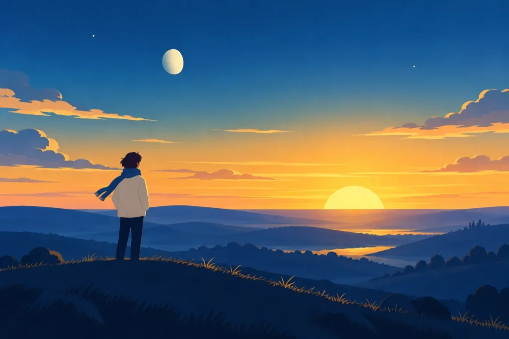 夜明けの丘で、地平線から昇る朝日と空に残る月を見つめる人のイラスト