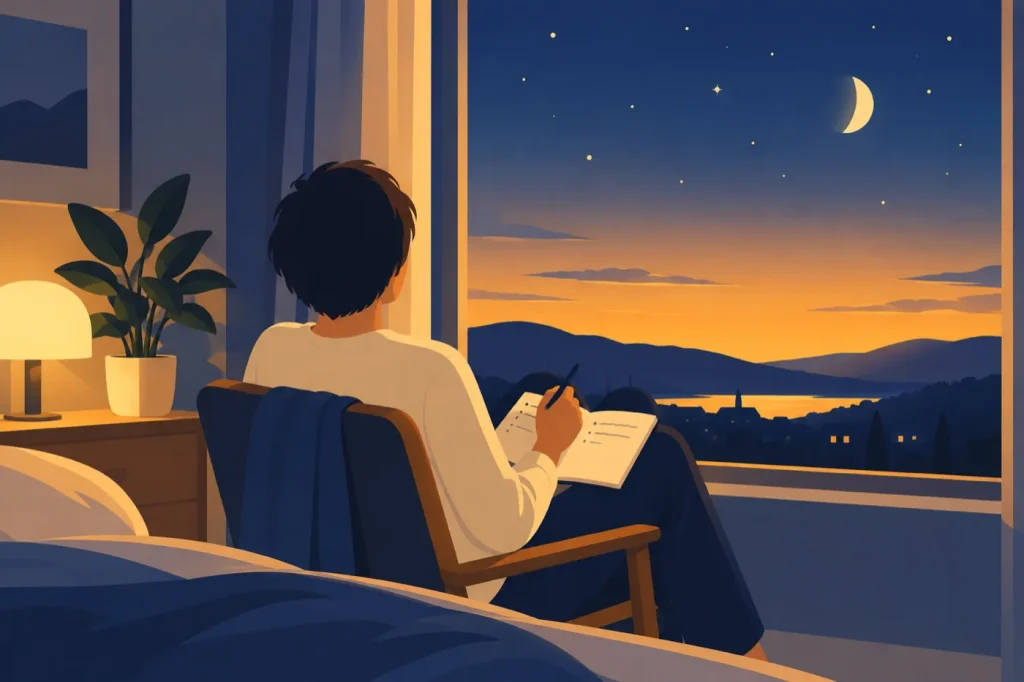 夕暮れの窓辺で、膝にノートを置き、月と星の空を見上げる人のイラスト