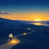 夜明けの丘で、3つの金色の灯りが並ぶ小道を、朝日と月に向かって歩き出す人のイラスト