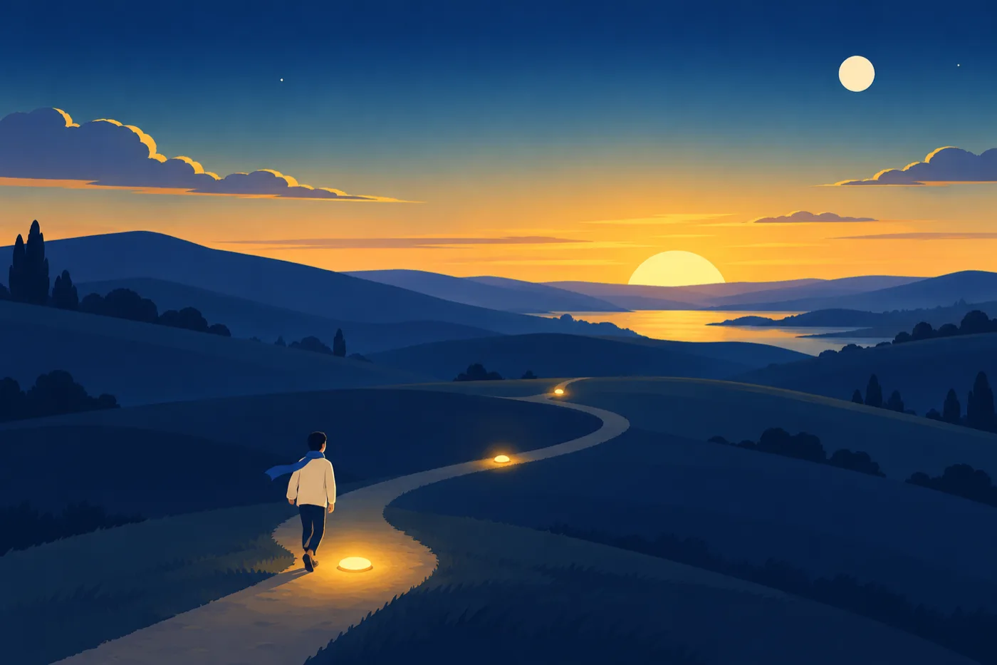 夜明けの丘で、3つの金色の灯りが並ぶ小道を、朝日と月に向かって歩き出す人のイラスト