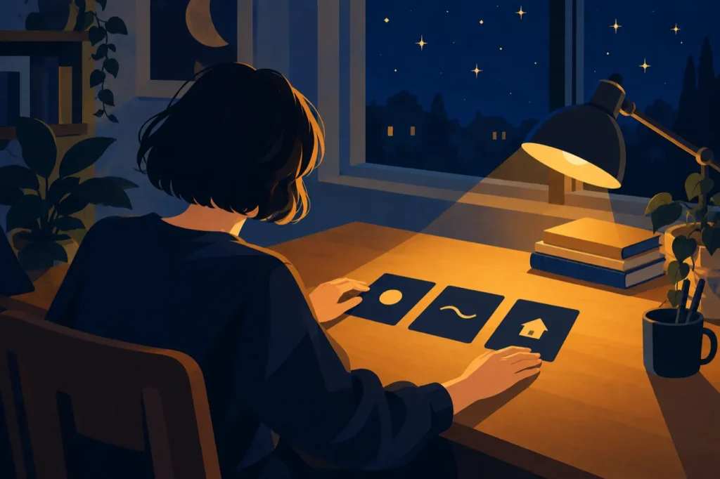 夜の机で、3枚の小さなカードを間をあけて横一列に並べる人のイラスト