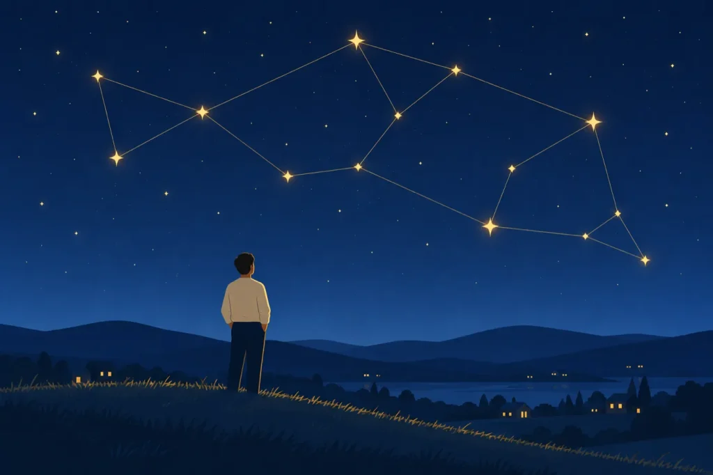 夜の丘の上で、金色の線でつながった星々を見上げる人のイラスト