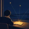 窓の外の3つの星から伸びる金色の光が、机の上のノートの一点で重なるイラスト