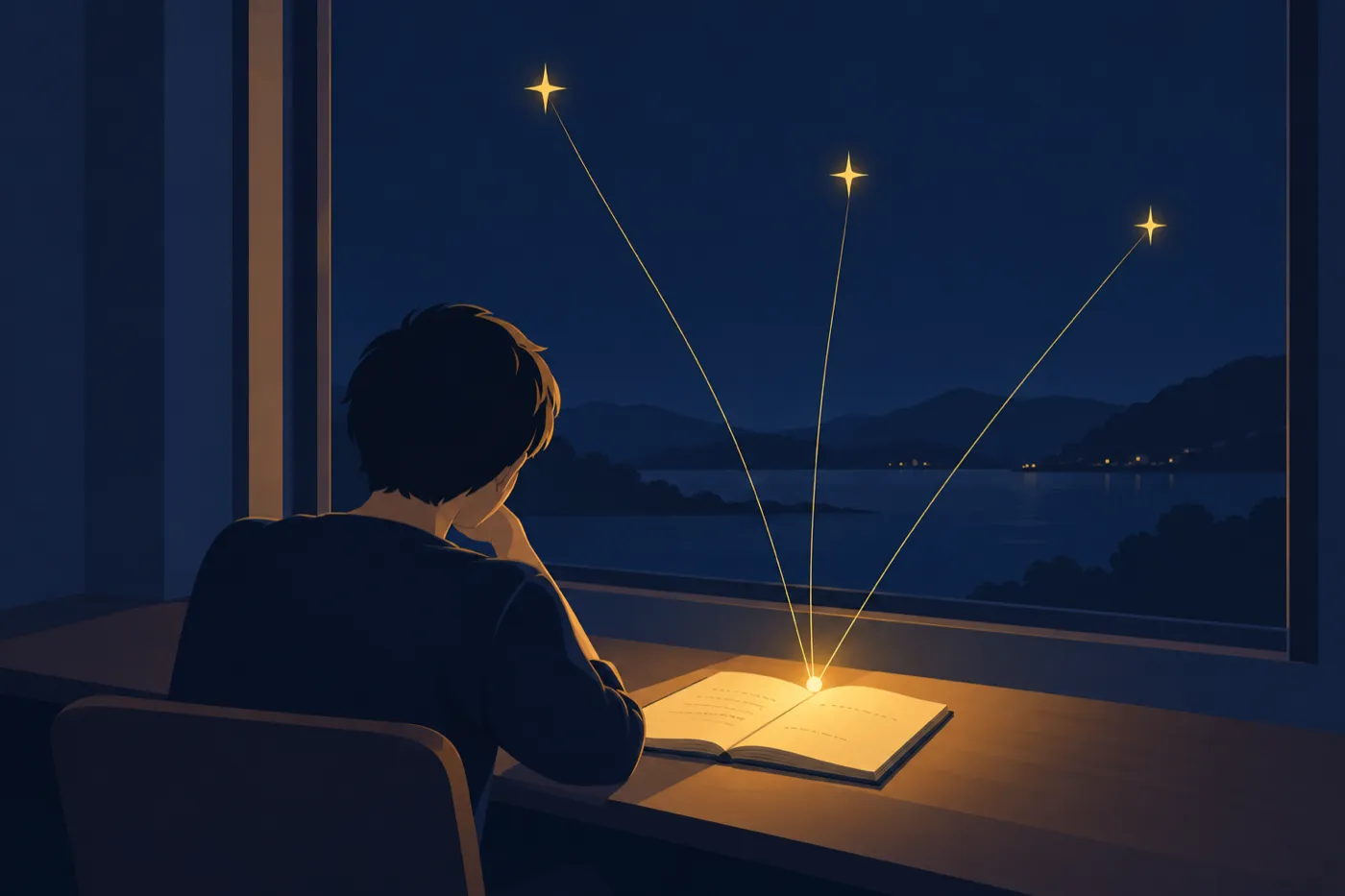 窓の外の3つの星から伸びる金色の光が、机の上のノートの一点で重なるイラスト