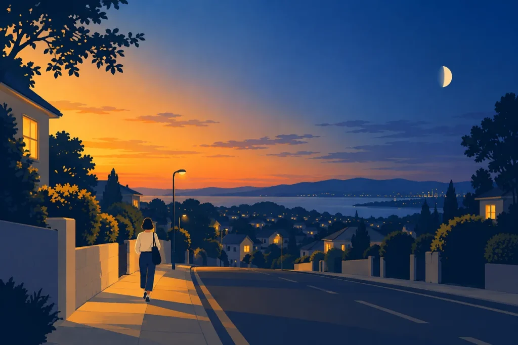 夕暮れの帰り道で、片側に夕焼け、もう片側に月が昇る空の下を歩く人のイラスト
