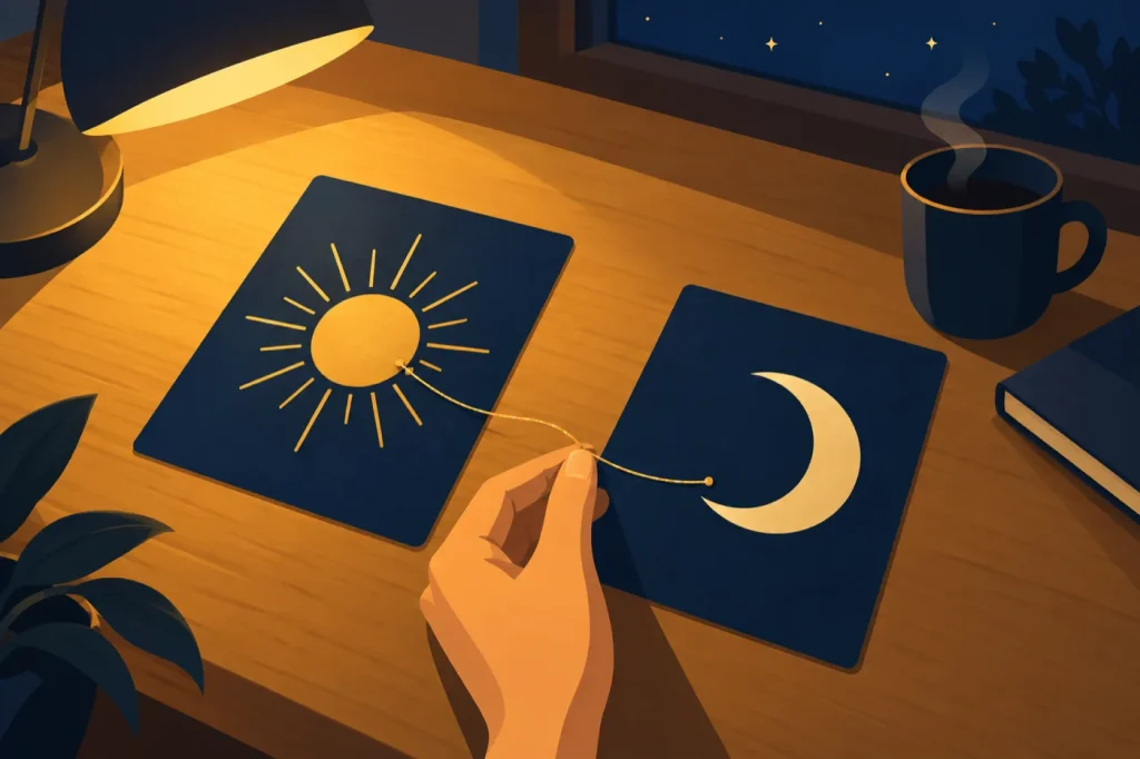 夜の机で、太陽と月のカードを並べ、金色の糸で2枚をつなごうとする手元のイラスト