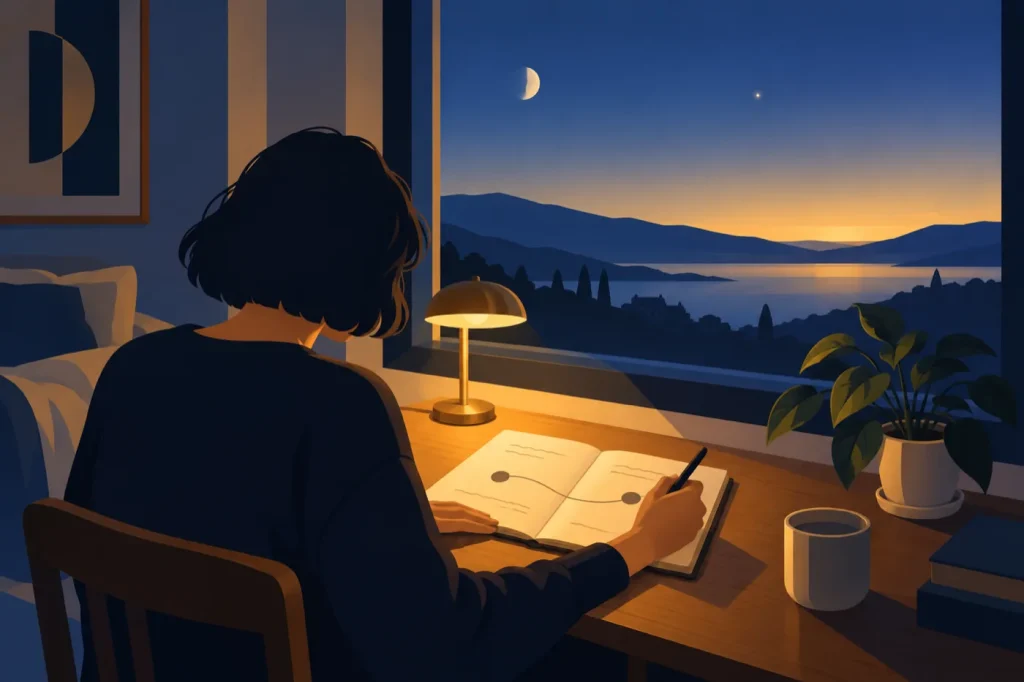 夜明け前の窓辺で、ノートに2つの丸を線で結ぶように書き込む人のイラスト