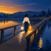 夕暮れの水辺の橋を、太陽と月の2つのランタンを両手に持って歩く人のイラスト