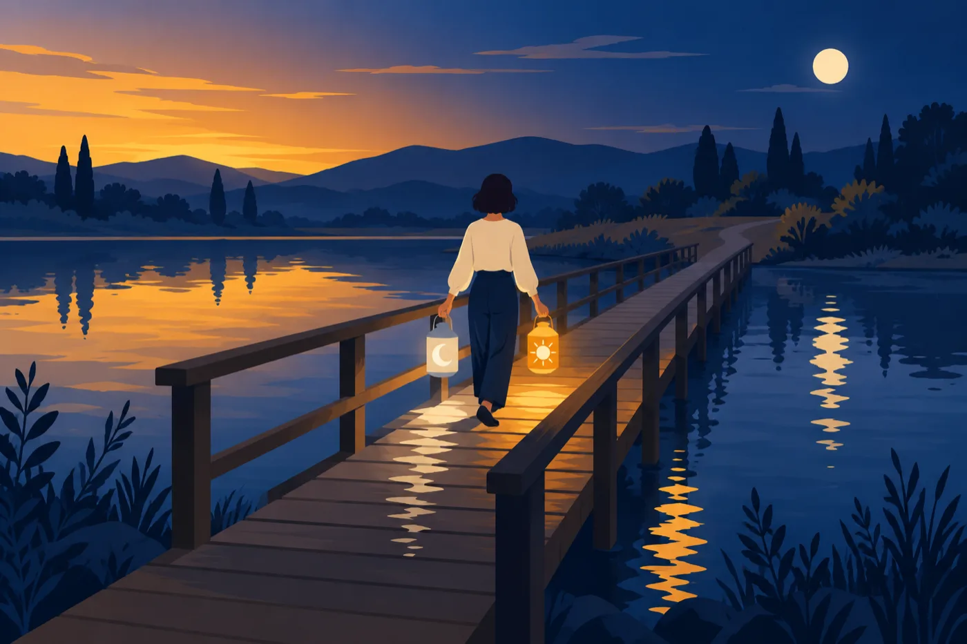 夕暮れの水辺の橋を、太陽と月の2つのランタンを両手に持って歩く人のイラスト