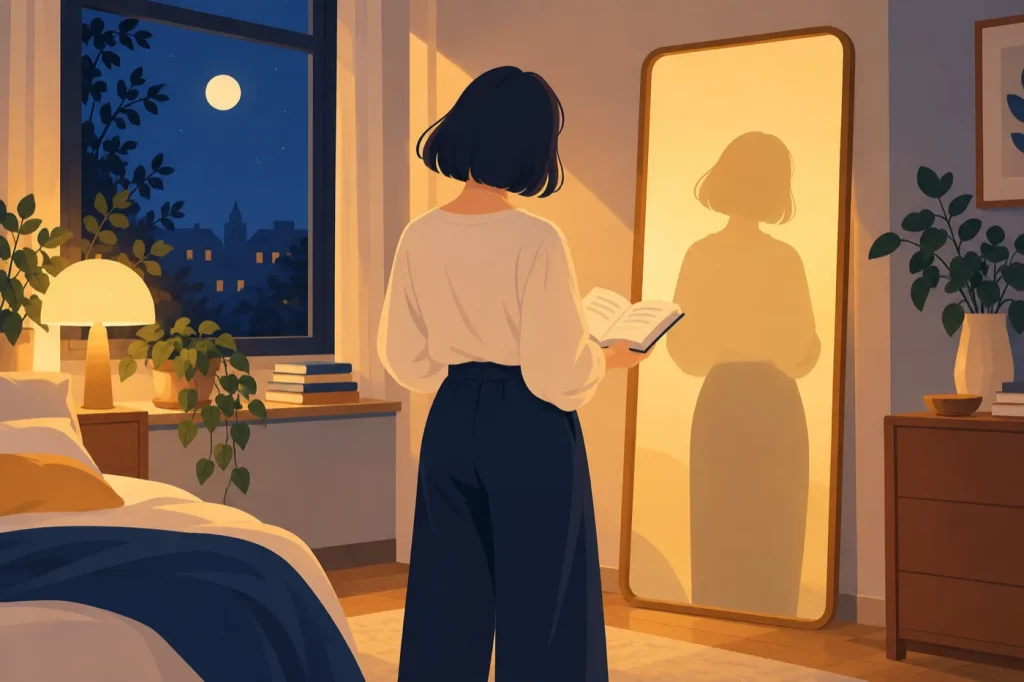 夜の部屋で、本を手に姿見の前に立ち、少し首をかしげる人のイラスト