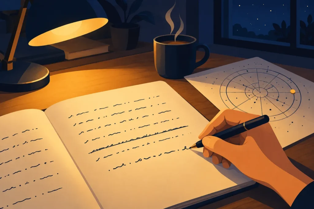 夜の机で、ノートの一文に線を引き、その下に書き直している手元のイラスト