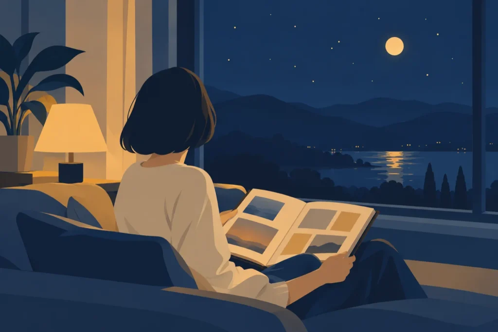 夜の窓辺のソファで、膝にアルバムを開いたまま月と星の空を見上げる人のイラスト