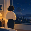 夜の部屋の窓に映る自分のシルエットと、重なる星空を見つめる人のイラスト