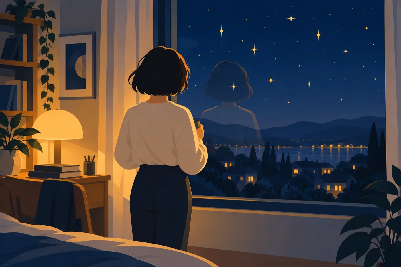 夜の部屋の窓に映る自分のシルエットと、重なる星空を見つめる人のイラスト